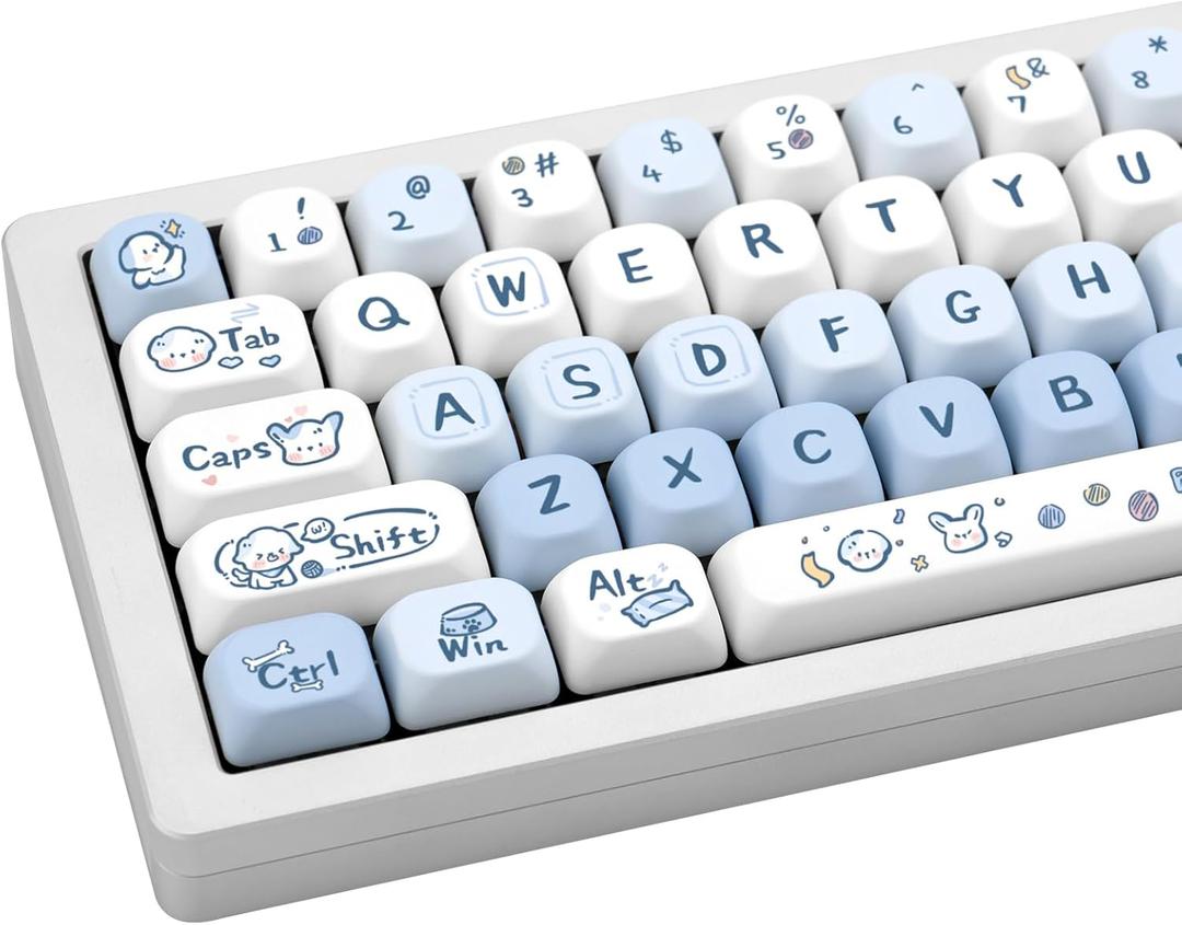 130 Keys Cute Puppy Key Caps, Blue and White PBT Keycaps Kawaii MOA Profile Key Caps, Five-Sided Dye-Sub Custom Keycaps for Mechanical Keyboard