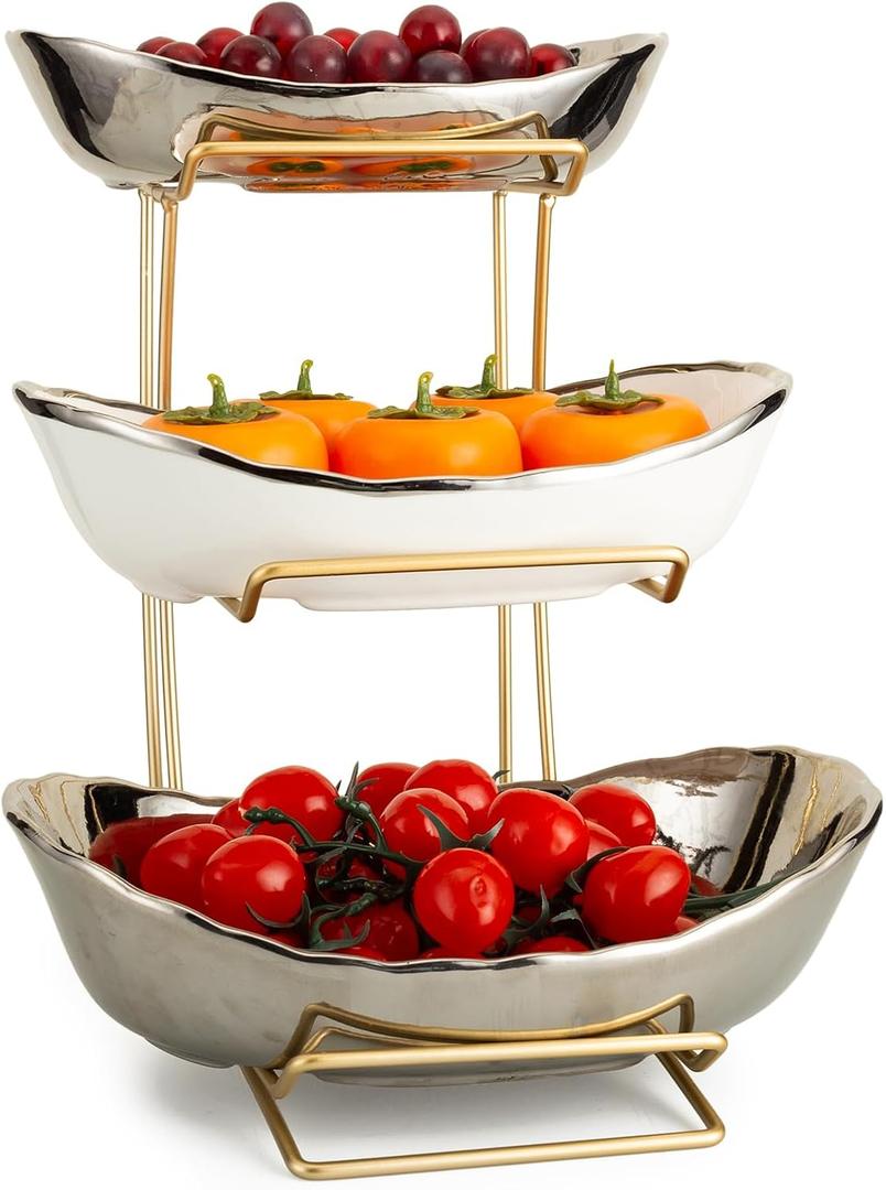 jessie 3 Tier Ceramic Fruit Bowls for Kitchen Counter with Metal Rack, Fruit Basket with Stand, Porcelain Bowls for Vegetable Bread Candy Snack Nuts Dessert Cake Tray (Silver 3 Layer)