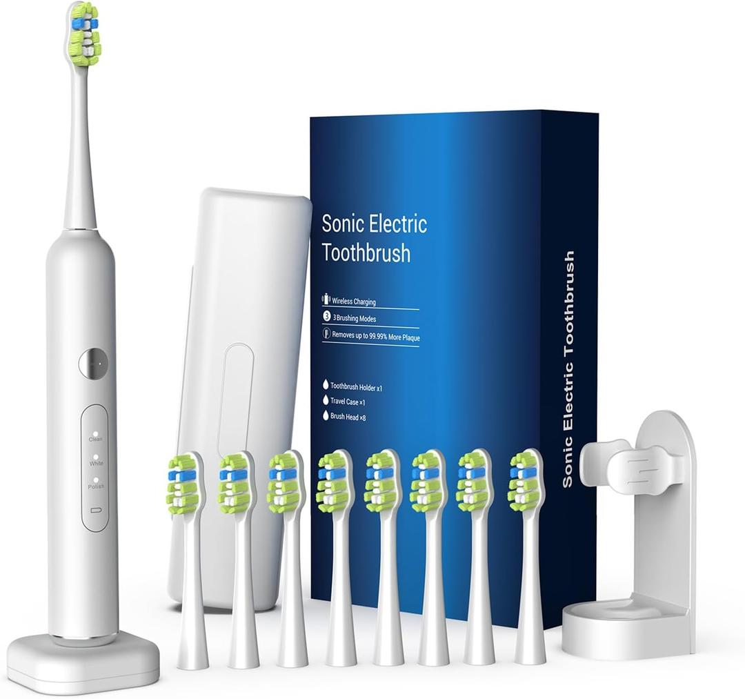 Sonic Electric Power Toothbrush for Adults & Kids,3 Deep Clean Modes IPX7 40000VPM Rechargeable Toothbrush with 8 Brush Heads, Travel Case, 2-Min Smart Timer, One Charge Last 60 Days (White)