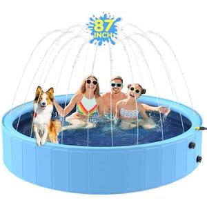Bilibara 87'' Foldable Dog Pool, Sprinkler Pool for Kids, Non-Slip Heavy Duty Dogs Splash Pad for Small Dogs, Hard Plastic Kiddie Bathtubs for Backyard