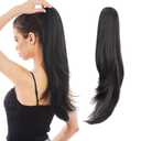 Black Wavy/Curly 24" Synthetic Ponytail Extension, 9" Length, Clip Installation