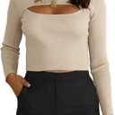CHYRII Women's Cutout Long Sleeve Knitted Ribbed Pullover Sweater Jumper Tops (Large, Apricot)