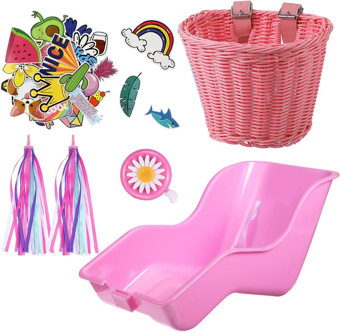 Aurelema Doll Bike Seat with 28 Pcs Stickers Decals Bicycle Basket for Kids Handlebar Streamers Colorful Ribbons Tassel Daisy Bike Bell for Girls Boys Bicycle Accessories Christmas Kids Gift (Pink)