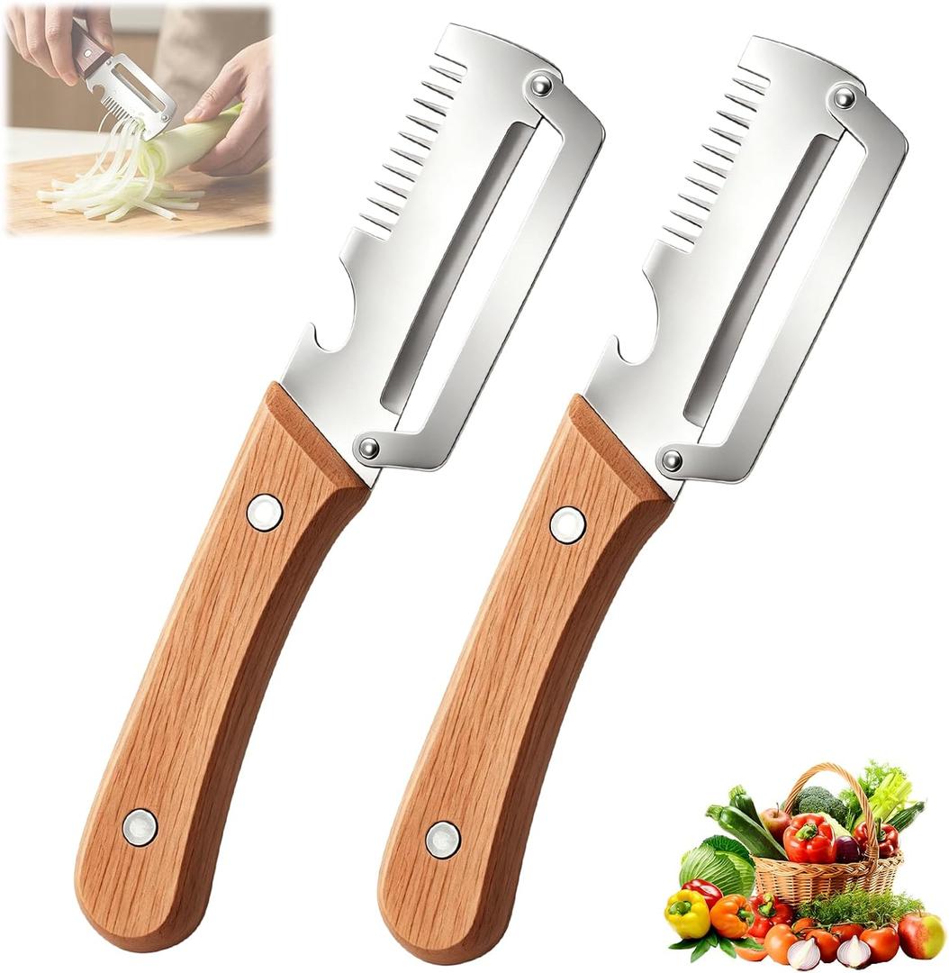 2Pcs Multifunctional Vegetable Peeler,Zero Snag Wooden Peeler,Zero Snag Wooden Kitchen Tool with Bottle Opener,3 in 1 Kitchen Gadgets Stainless Steel Peelers for Fruit Veggie