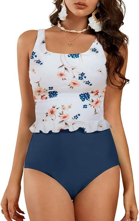 Tutorutor Kid Girls High Waisted Cute 2 Piece Peplum Halter Bikini Sets Ruffle Floral Print Teen Spaghetti Swimsuits, L