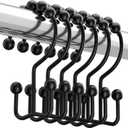 Titanker Black Shower Curtain Hooks Rings, Rust-Resistant Metal Double Glide Shower Hooks for Bathroom Shower Rods Curtains, Set of 12 Hooks - Matte Black