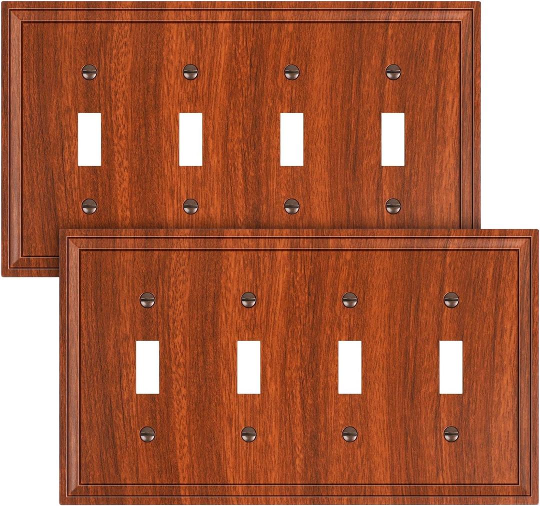 2-Pack Quad Toggle Light Switch Cover Plate, Wood Grain Decorative Switch Plate Covers, Natural Bamboo Fiber 4 Gang Wall Plate, Corrosion Resistant