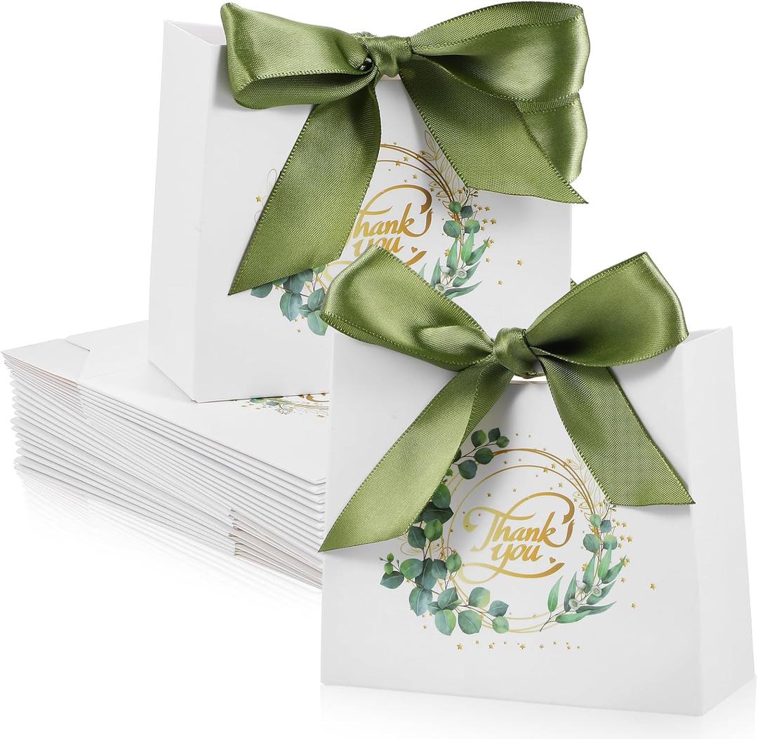 JOUTYFOR 50 Pack Small Thank You Gift Bags 4.5 x 1.8 x 3.9 In Mini Thank You Favor Bags Bulk Small Paper Bags with Bow Ribbon Thank You Gift Wrap Bags for Birthday Baby Shower Wedding Party