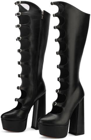 FancyQueen Platform Boots Gothic Boots for Women, Knee High Chunky Platform Heels 7