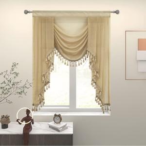 Beige Waterfall Sheer Window Curtain Valance for Living Room - Tassels Swag Curtain Valance for Bedroom, Valance for Kitchen, 1 Panel, Width 39 Inch