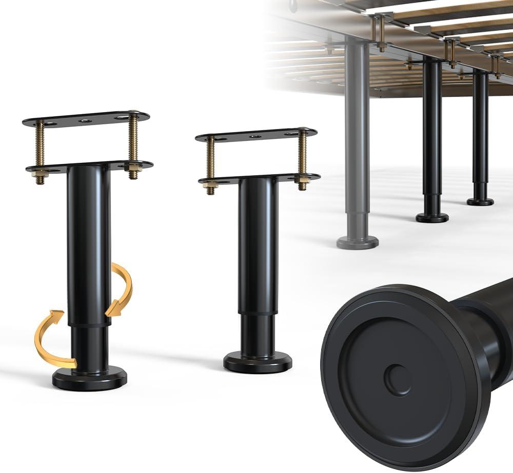 2Pcs Adjustable Height Bed Frame Support Leg, Extra Sturdy Steel Bed Frame Support Legs with Wider Rubber Base, More Stable/Quieter, Bed Slat Reinforcement Kit for King/Queen Bed (5"-8.6")