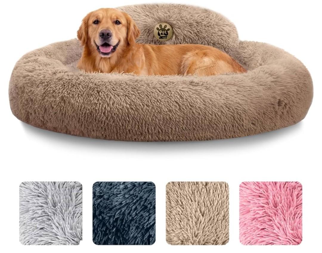 PetJett Large Dog Bed - 36'' Calming Donut Dog Beds, Anti-Slip & Washable Large Round Bed, Fluffy Faux Fur Pet Bed, Super Soft Anti-Anxiety Premium Comfort Bed, Fits Dogs up to 80 lbs - Beige