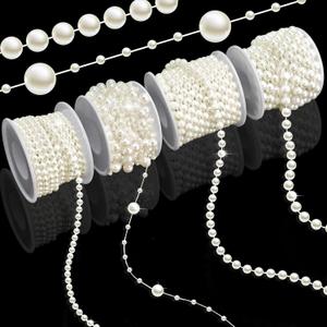 4 Rolls 76 Feet Pearls String Garland, Faux Pearl Beads Roll Strand for Crafts, Artificial Pearls Chain Trim for Wedding Party Flower Valentine Christmas Decoration, 4mm 6mm 8mm 8+3mm, Ivory