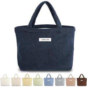 Sminra Corduroy Small Tote Bible Bag for Women, Mini Daily Handbag Cute Aesthetic Carry Case for Book, Essentials, Water Bottle Organizer, Navy Blue