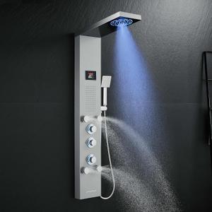 ROVOGO No Battery Needed Shower Panel System with Led Lights MIST & RAIN Shower, Body Jets, Handheld, Tub Spout and Temp Display, Hydroelectric Led Shower Tower Column Stainless Steel Brushed