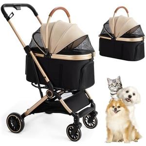 3 in 1 Pet Stroller with 4 Wheels, Foldable Pet Travel Carrier for Small/Medium Dogs Cats up to 50lbs, Detachble Portable Pet Bag, Storage Basket