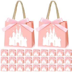 Sinload 25 Sets Small Princess Castle Party Favor Bags with Handles Ribbons 5.51 x 2.36 x 4.72 Inch Light Pink Princess Goodie Candy Gift Bags for Birthday Gender Reveal Baby Shower Party Supplies