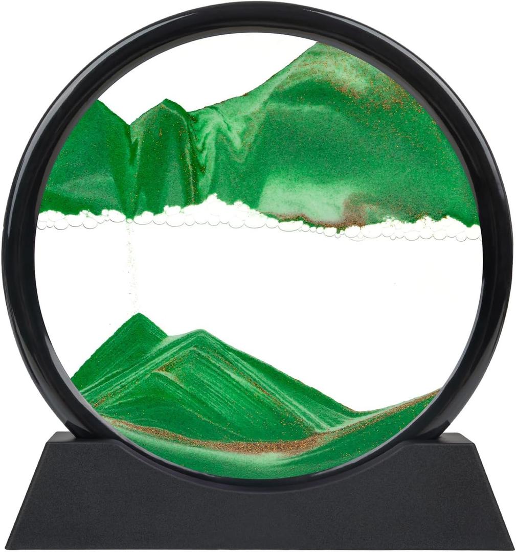 Green Moving Sand Art Decor - Round Glass Desk Decor with Liquid Motion, 3D Deep Sea Sandscape, Relaxing Desktop & Home Decoration-10 Inch