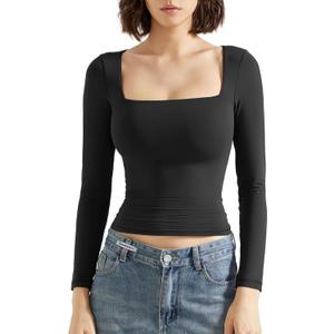 SUUKSESS Women Square Neck Long Sleeve Tops Double Lined Going Out T Shirts (Small, 01 Black)