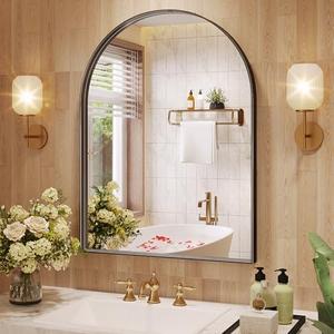 JIINGYO Arch Mirror, 24 x 32 Inch Black Arch Mirror for Bathroom, Arched Wall Mirror, Aluminum Alloy Frame Black Bathroom Vanity Mirror for Living Room Bedroom Entryway Mantel Hallways Decor