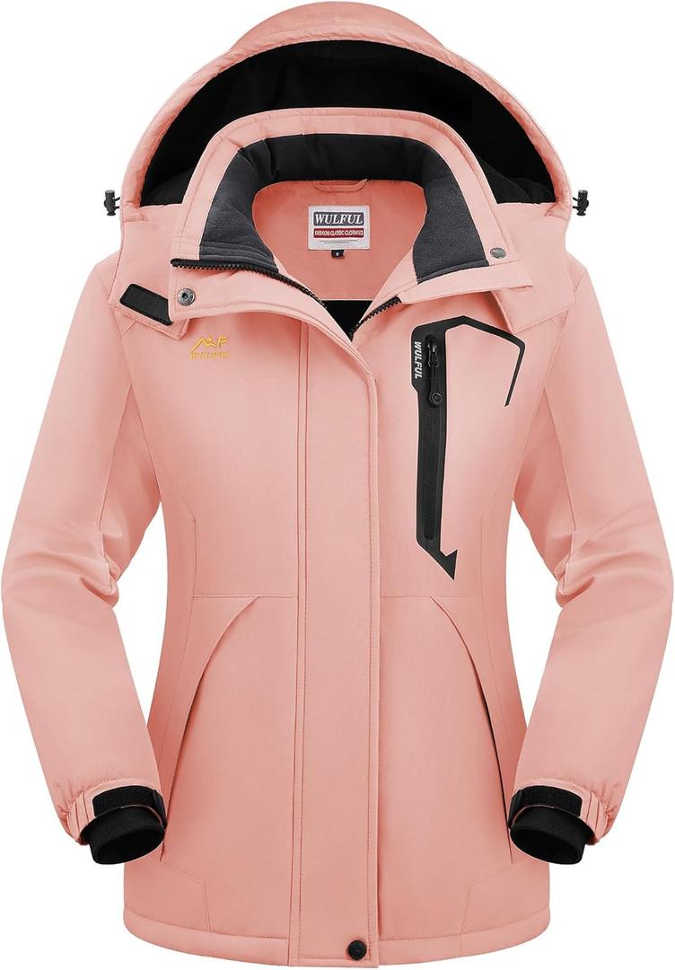 WULFUL Womens Waterproof Snow Ski Jacket Mountain Windproof Winter Coat with Detachable Hood (Medium, Pink)