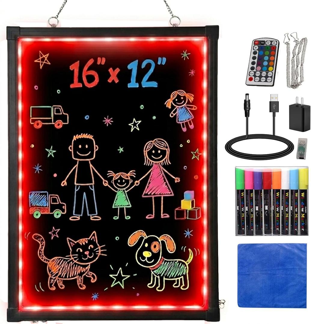 Slsy LED Writing Board 16"x12", Erasable Light-Up Message Display, 12 Colors & 26 Modes, Reusable LED Menu Sign with 8 Markers for Doodle, Illuminated Sign Board for Restaurants, Bars, Classrooms