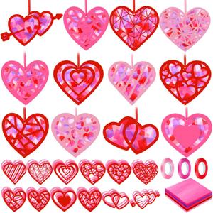 Marsui 36 Sets Valentine's Day Kits Craft for Adults Valentines Heart Suncatcher Craft Pink Heart Shape Home Window Art Decor Stained Glass Effect DIY Tissue Paper for Party Ornaments