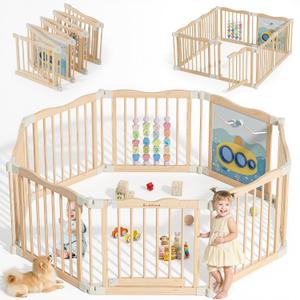 Foldable Wooden Playpen, 55 x 55 x 24 inches, Ocean Adventure, Natural