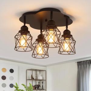 4-Lights Kitchen Light Fixtures Ceiling Mount, Adjustable Multi-Directional Black Flush Mount Ceiling Light Fixture, Vintage Metal Cage Farmhouse Lamp for Hallway, Dining Room, Farmhouse, Entryway