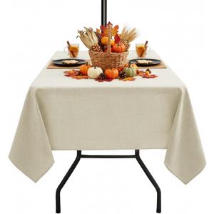 Outdoor Tablecloth with Umbrella Hole - Patio Table Cloth Zippered Square 60x60 Inch, Beige Linen-Look Polyester Table Cover Water Resistant for Picnic Outside