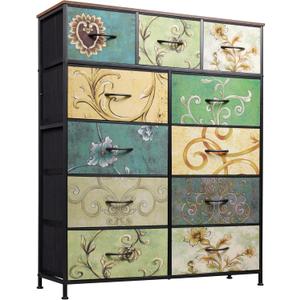 WLIVE Tall Dresser for Bedroom, Fabric Dresser Storage Tower, Chest of Drawers Organizer Unit with 11 Drawers, Storage Cabinet, Hallway, Closets, Steel Frame, Wood Top, Vintage, Floral Painted
