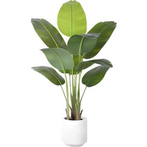 Artificial Bird of Paradise Plant 4Ft Tall Fake Tropical Palm Tree Large Fake Plants with 9 Silk Banana Leaves Faux Plant Indoor Decor Trees with White Pot for Home Bedroom Living Room Office
