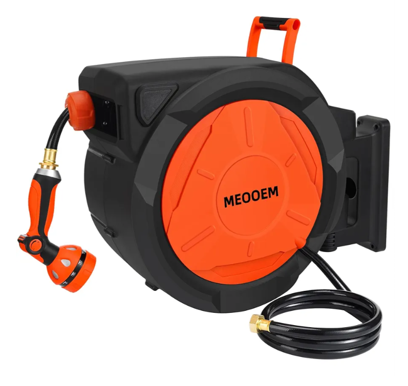 1/2 Inch 150FT Retractable Garden Hose Reel Wall Mounted Heavy Duty, 10 Pattern Nozzle & 180°Swivel Bracket, Automatic Rewind Water Hose Reels for Outside Yard, Any Length Lock (3/4" Brass Fitting)