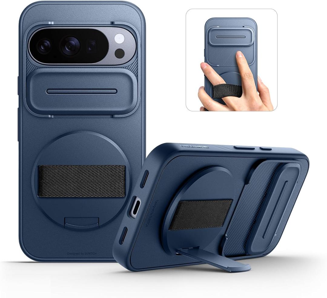 SURITCH for Google Pixel 10 Pro XL Case with 360 Rotatable Hand Strap Phone Grip Holder & Invisible Kickstand & Slide Camera Cover, Protective Cover for Pixel 10 Pro XL -Dark Blue