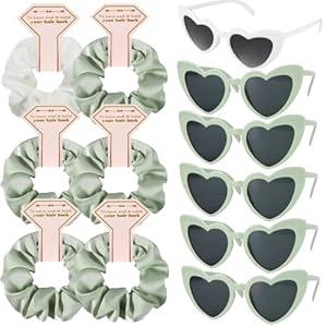 Loanzeg Satin Bridesmaid Scrunchies Bachelorette Hair Ties Set of 6 sunglasses Bridal Shower No Damage Hairties ideas Gift for Wedding Party Favors Bridesmaid Proposal Gifts (White & Sage Green)