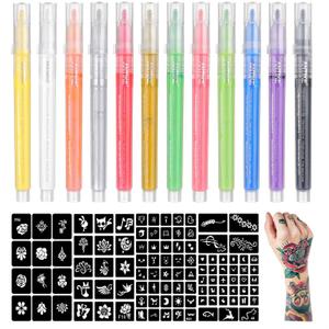Temporary Tattoo Markers for Skin,12 Colors Washable Body Tattoo Pens+104 Unique Tattoo Stencils,Body Markers Temporary Tattoo Kit for Teens and Adult ZYH2311001KIT