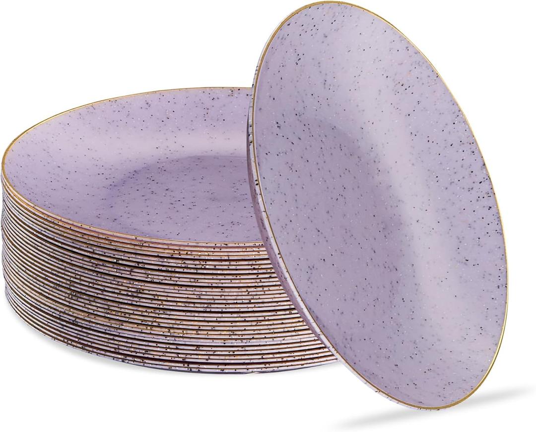 PLASTICPRO 30 Pack Disposable Plastic Plates Heavyweight Granite Look Elegant 7 inch Dinner Plates Purple with Gold Rim