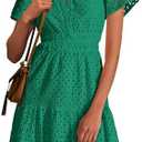 PRETTYGARDEN Womens 2026 Summer Short Dress V Neck Short Sleeve A Line Hollow Out Lace Ruffle Cute Casual Beach Party Dresses