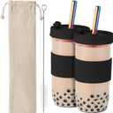 Amyoole 2 Pack Reusable Boba Cup,24Oz Wide Mouth Smoothie Cup,mason Jar Glass Cups with Lids and Straws,Bubble/Boba Tea Cups,Ice Coffee Tumbler 2 colored straws 1 sponge brush(Black)