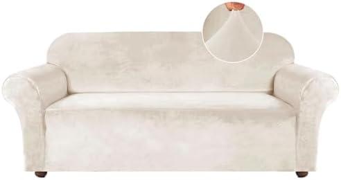 Turquoize Velvet Couch Covers Sofa Covers for 3 Cushion Couch Stretch Sofa Slipcovers with Non Slip Elastic Bottom Furniture Protector for Pets Crafted from Soft Thick Velvet Fabric (Sofa, Ivory)