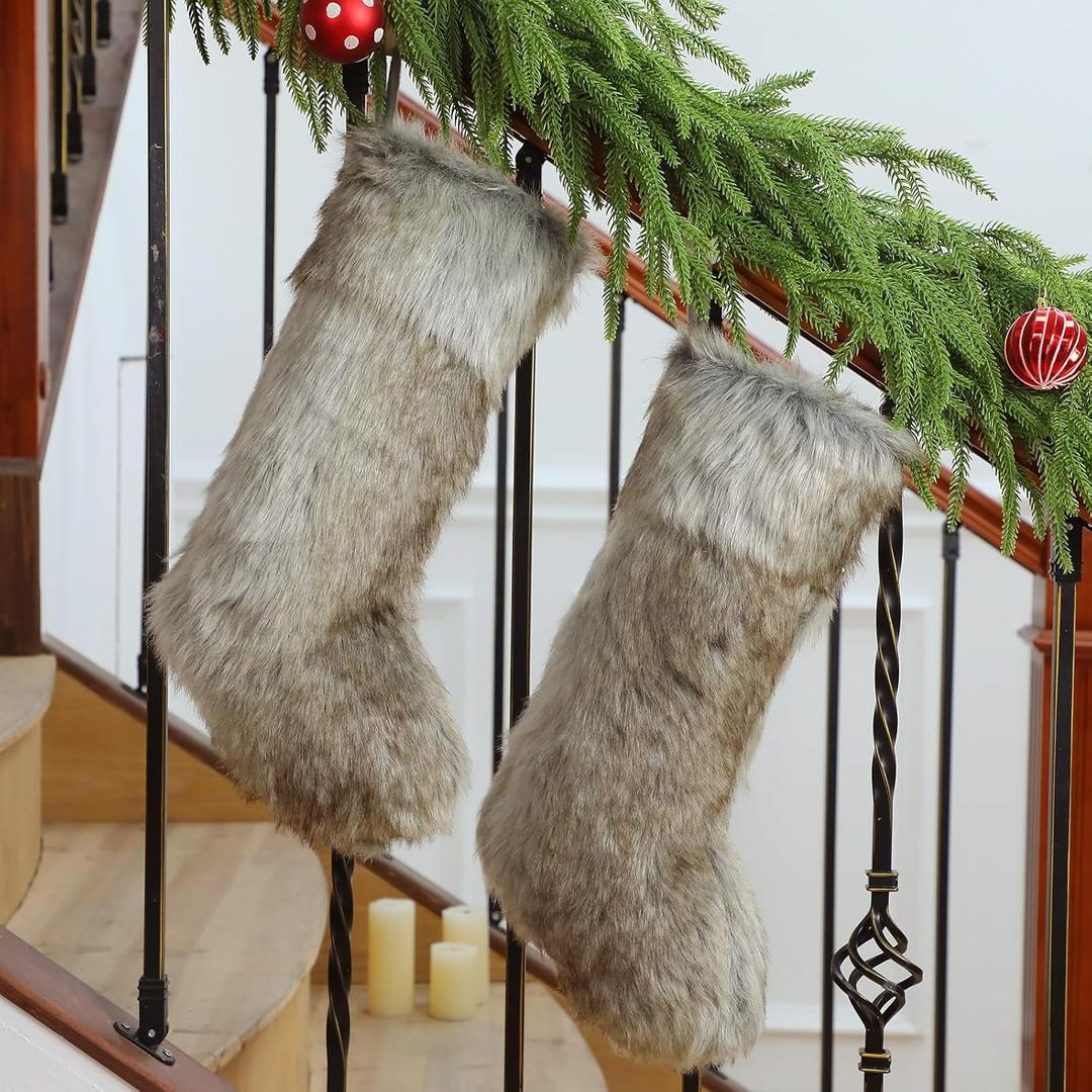 Realspring 2 Pcs 20 Inch Christmas Stocking Faux Fur Stocking Grey Brown Socks Xmas Fireplace Hanging Socks for Home Festive Party Gift Decorations
