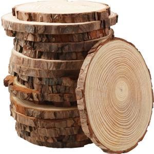 FSWCCK 17 PCS Unfinished Wood Slices for Centerpieces - 5.1-5.5 Inch,Round Natural Discs with Tree Bark, Wooden Cookies Circles for Crafts Christmas Ornaments, Rustic Wedding Decor,Table Decoration