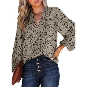Dokotoo Women's Casual V Neck Alicia Floral Print Smocked Long Sleeve Chiffon Blouses Bohemian Top Shirts