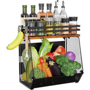 Magnetic Shelf for Fridge with Wood Lid - Magnetic Spice Rack for Refrigerator Mesh Design Large Shelf Basket, Shelves for Kitchen Pantry Storage Organizer for Food Fruit Veg (1Pack)