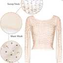 Women's Pearl Rhinestone See Through Long Sleeve Mesh Blouse One Piece Cover Up Halloween Festival Crop Top