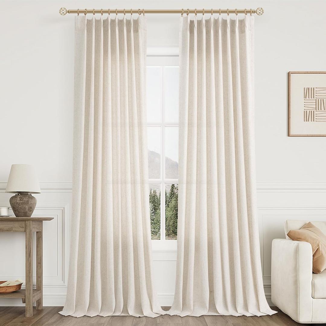 Natural Pinch Pleat Linen Curtains 96 Inch Length 2 Panels Set for Bedroom Dining Room Semi Sheer Linen Boho Farmhouse Neutral Window Curtains 96 Inches Long for Living Room Nursery 50x96