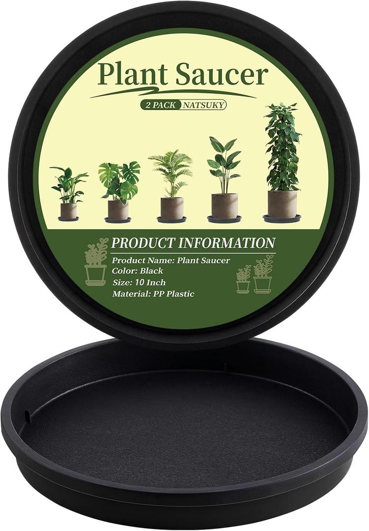 NATSUKY Plant Saucer 10 Inch 2 Pack, 8 10 12 14 Inch Plant Trays Round for Indoors Heavy Duty Plastic Flower Plants Saucers for Pots Outdoors No Holes Drip