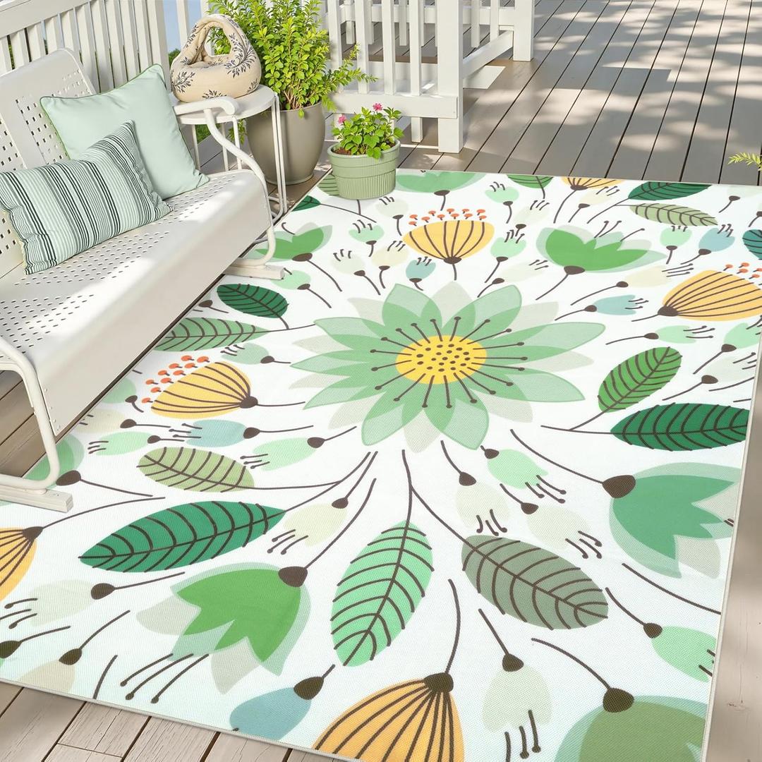 Uphome Green Floral Patio Rug 6x9 ft, Breathable & Quick Drying Outdoor Rug Carpet, Non Slip Washable RV Camping Mat, Flower Indoor Outdoor Area Rug for Backyard Garden Deck Balcony Picnic, 6'x9' (Leaf Green)