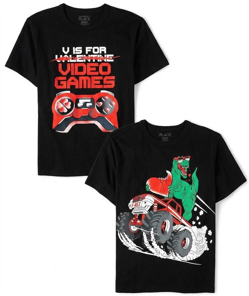 The Children's Place,Boys,All Holidays Short Sleeve Graphic T-Shirts,Multipacks,VDAY Dino/Heartbreaker/Video Game 2 Pack, Small