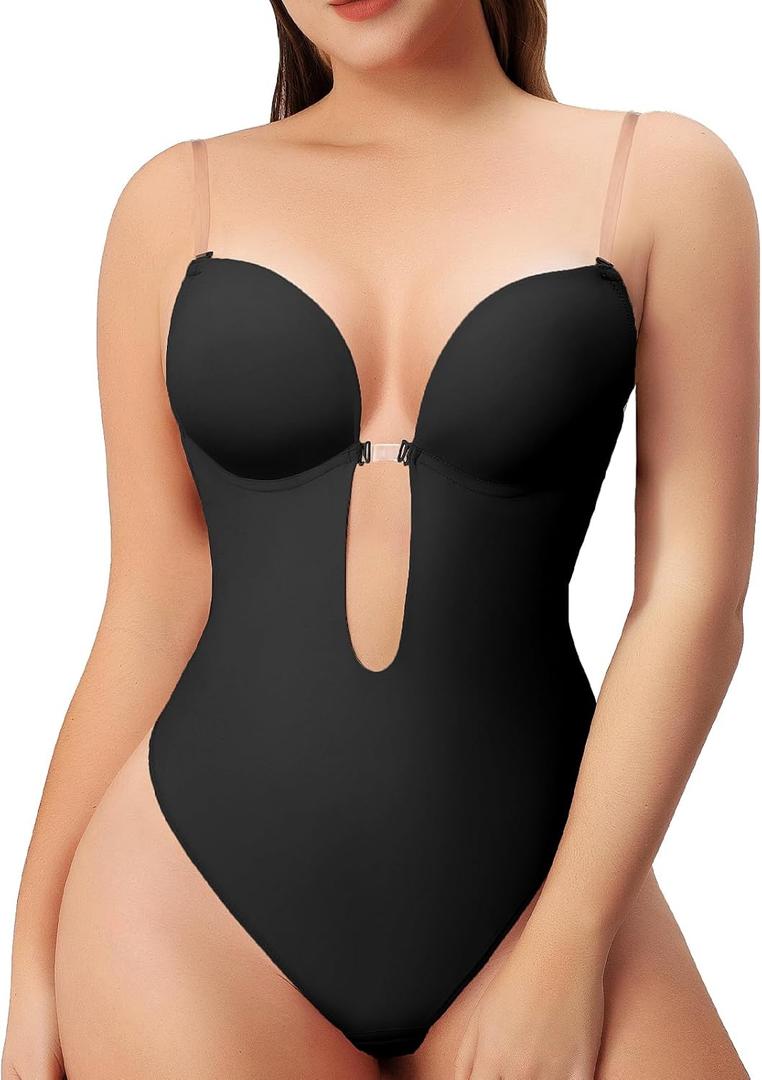Women Shapewear Backless Body Bra Shaper Womens Plus Size Plunge Invishaper Low Back Thong Bodysuits Open Crotch Daily Use (Medium, Black)